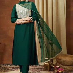 Janasya Women Ethnic Motifs Yoke Design Regular Sequinned Kurta with Trousers & With Dupatta-picture-36