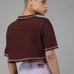 roadster Women Solid Round Neck Pure Cotton Brown T-Shirt image 4