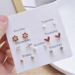 Zaphariq Set Of 7 Silver-Plated Artificial Stones Studded Floral Studs image 2