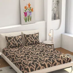 REALDREAM Grey & Beige Geometric 260 TC King Bedsheet with 2 Pillow Covers-picture-33