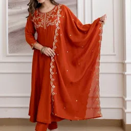 HERE&NOW Women Ethnic Motifs Embroidered Panelled Thread Work Kurta with Trousers & With Dupatta image 2
