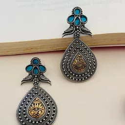 Anouk Silver-Plated Artificial Stones Studded Teardrop Shaped Oxidised Drop Earrings-picture-24