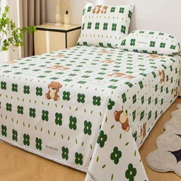 JC HOME White & Green Floral 140 TC King Bedsheet with 2 Pillow Covers image 2