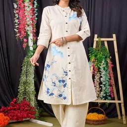 Belveera Women Floral Printed Cotton A-Line Kurta with Trousers-image-10