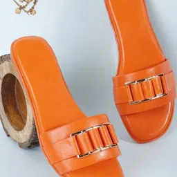HERE&NOW Women Orange And Gold-Toned Metallic Detail Open Toe Synthetic Casual Flats-image-42