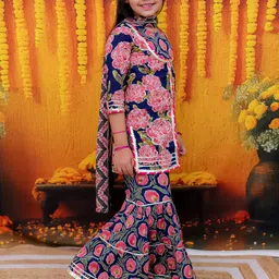 BownBee Floral Printed Pure Cotton Gotta Patti Kurta With Sharara & Dupatta image 5