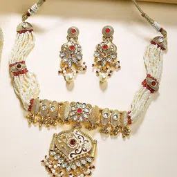 KARATCART Gold-Plated Kundan-Studded & Beaded Jewellery Set-picture-26