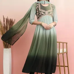 KALINI Women Ethnic Motifs Yoke Design Regular Thread Work Kurta with Trousers & With Dupatta image 3