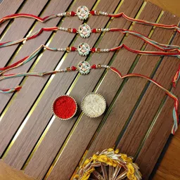 PUFFSMART Set Of 4 Artificial Stones Studded & Beaded Ganesh Ji Bhaiya Bhabhi Rakhis-picture-25