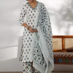 V.S.Creation Floral Printed Pure Cotton V-Neck Straight Kurta With Trousers And Dupatta-image-80