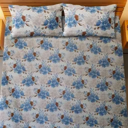 HARYANA HOOPS Beige & Blue Floral 300 TC King Bedsheet with 2 Pillow Covers-picture-36
