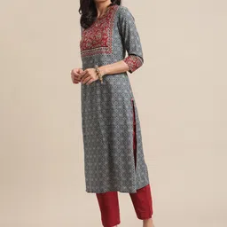 KALINI Women Geometric Printed Keyhole Neck Thread Work Kurta image 2