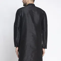 Jompers Men Black Solid Dupion Silk Thread Work Straight Kurta image 3