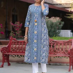 Rain & Rainbow Floral Printed Thread Work Cotton Straight Kurta image 4