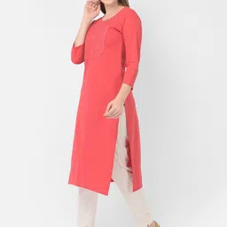 Span Round Neck Three-quarter sleeves Yoke Design Thread Work Cotton Straight Kurta image 4