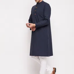 Hypernation Men Navy Blue Thread Work Kurta image 5