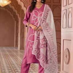 KALINI Floral Embroidered V-Neck Thread Work Straight Kurta With Trousers & Dupatta image 4