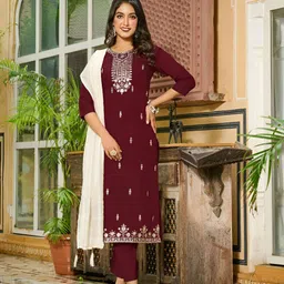 DISHWA FASHION Women Ethnic Motifs Embroidered Regular Thread Work Kurta with Trousers & With Dupatta-image-28