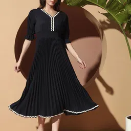 OTABU Women Solid Embroidered Smocked A-Line Puff Sleeve Midi Dress-picture-19