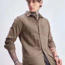 HIGHLANDER Men Slim Fit Textured Spread Collar Cotton Casual Shirt-image-30