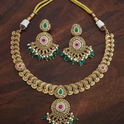 Kushal's Fashion Jewellery Gold-Plated Stone-Studded & Beaded Antique Jewellery Set image 1