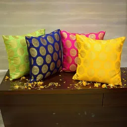 RoyalDeco Mandala Yellow & Pink 4 Pieces Ethnic Motifs Brocade Silk Square Cushion Covers image 5