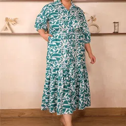 Indietoga Women Plus Size Abstract Printed Tiered Shirt Dress-image-18