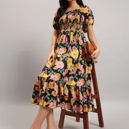 Raiyani Fashion Floral Print Puff Sleeve Crepe Fit & Flare Midi Dress-image-35