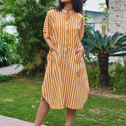 Safeera Women Striped Mandarin Collar Kimono Sleeves Cotton Kaftan Midi Dress-picture-26