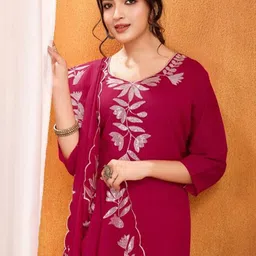 JJ Handloom Women Ethnic Motifs Embroidered Pure Silk Kurta with Trousers & Dupatta image 3