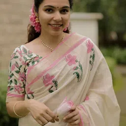 AMRUTKALA SAREES Floral Linen Blend Block Print Saree image 5