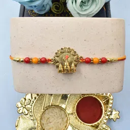 MEIRA JEWELLERY Set Of 3 Beaded Jai Shri Ram Rakhi Comes with Roli Chawal & Greeting Card image 2
