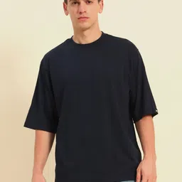 Mast & Harbour Navy Blue Drop-Shoulder Sleeves Anti Odour Pure Cotton Oversized Tshirt-picture-25