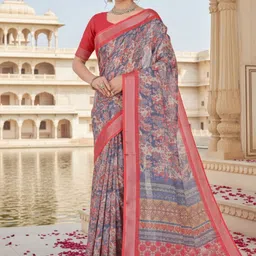 ZAMUNA Floral Linen Blend Jamdani Saree image 4