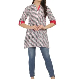 Jivitha Women Striped Mandarin Collar Cotton Longline Top-image-11