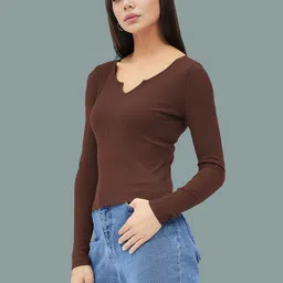 Maheshvi Top Women Ribbed Long Sleeves V-Neck Fitted Top image 3