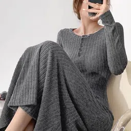 HERE&NOW Women Self Design Ribbed A-Line Midi Dress-picture-34