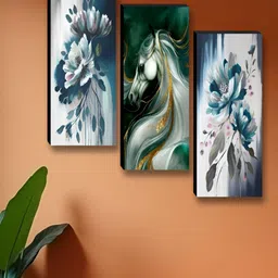 Myntra Elegant Homes Blue & Green 3 Piece Wood Horse & Flower Wall Paintings image 2