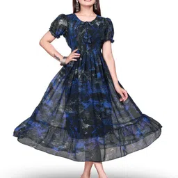 BAESD Abstract Printed Gathered or Pleated Puff Sleeve Fit & Flare Midi Dress-image-39