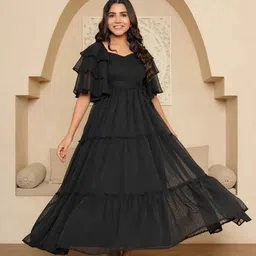 NOUN Self Design Sweetheart Neck Flutter Sleeve Tiered Empire Dress-picture-47