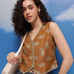 CORSICA Ethnic Motifs Printed V-Neck Lace Inserts Crop Vest Top-image-30