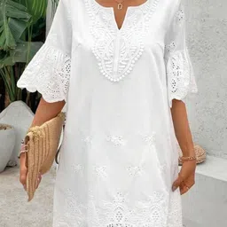 White Cotton Embroidered Shift Dress with Bell Sleeves-image-12