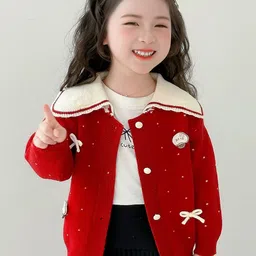 LULU & SKY Girls Peter Pan Collar Long Sleeves Cardigan with Bow Applique Detail-picture-21