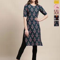 7Threads Selection Of 6 Floral Printed Round Neck Straight Kurtas-picture-11