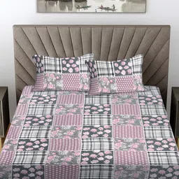 FABINALIV Pink & Grey Geometric 300 TC King Bedsheet with 2 Pillow Covers image 2
