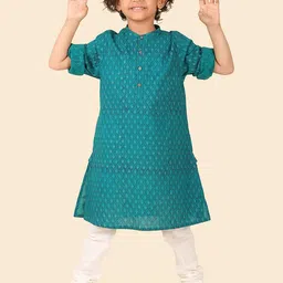 Fabindia Boys Ethnic Motifs Printed Mandarin Collar Thread Work Straight Kurta image 1