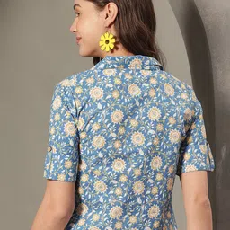 JANAKDULARI CREATION Floral Print Roll-Up Sleeves Cotton Shirt Style Crop Top image 3