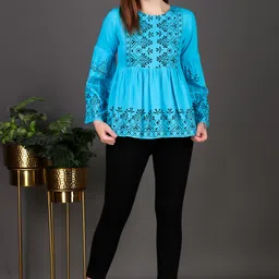 neerafashion Casual Bell Sleeves Printed Women Light Blue Top image 3