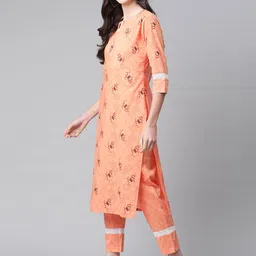 Indibelle Women Peach-Coloured & Red Pure Cotton Ethnic Motifs Printed Straight Kurta image 5