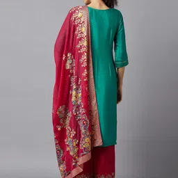 AURELIA Women Green Ethnic Motifs Embroidered Kurta with Palazzos & With Dupatta image 4